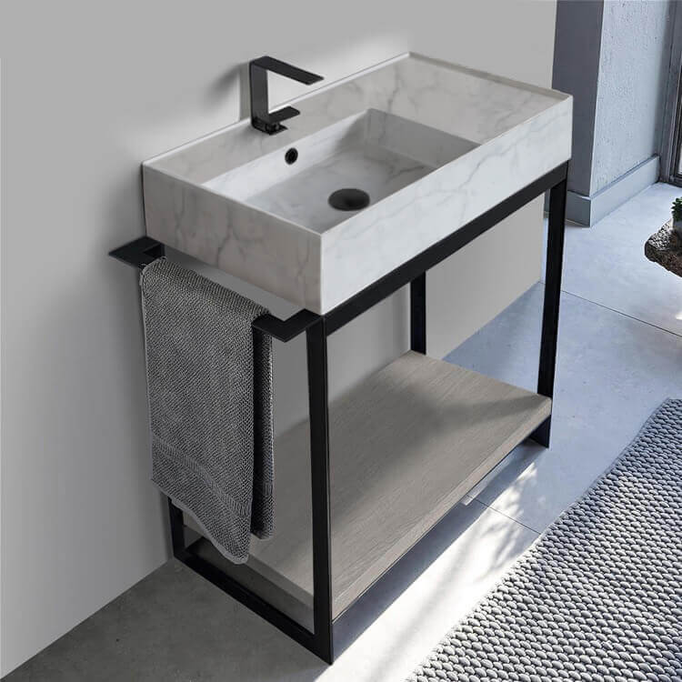 Scarabeo 5115-F-SOL2-88-One Hole Console Sink Vanity With Marble Design Ceramic Sink and Grey Oak Shelf
